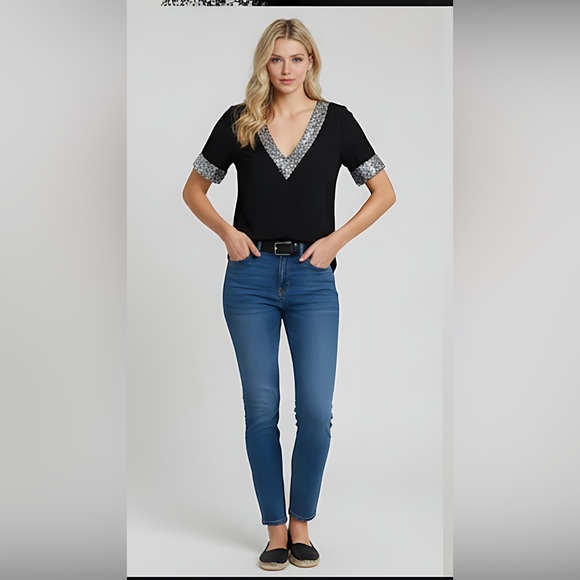 Sequin Black V Neck Blouse - Picture 3 of 9